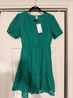 Emerald Eyelet Short Sleeve Mini Dress